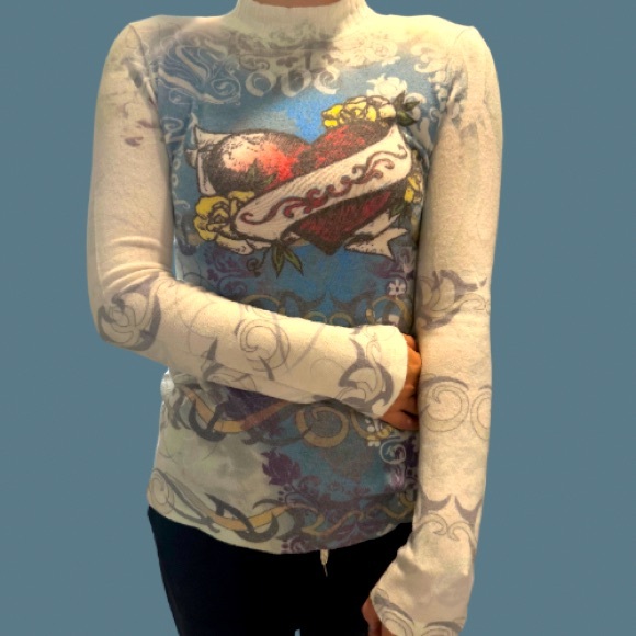 Fabulous Rare Vintage Love Heart Graphic Design Mock Neck Long Sleeve Sweater - Picture 8 of 9